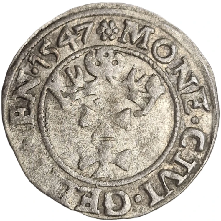 Moneta szeląg gdański 1547 Zygmunt I Stary awers