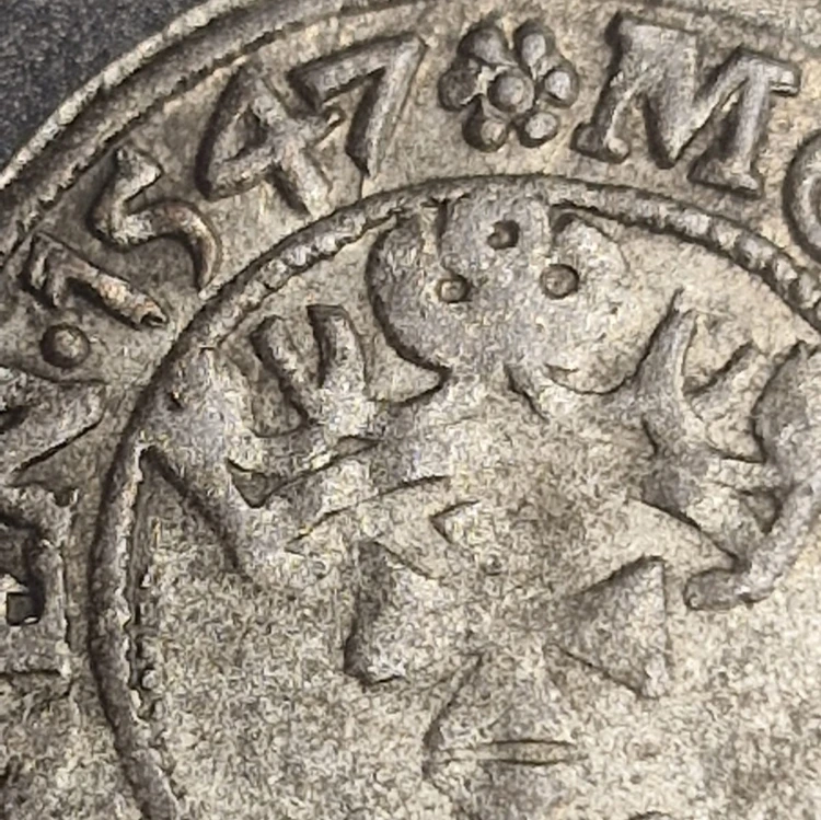 Moneta szeląg gdański 1547 Zygmunt I Stary szczegół