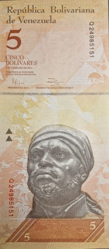 Wenezuela banknot 5 bolivares 2007 awers