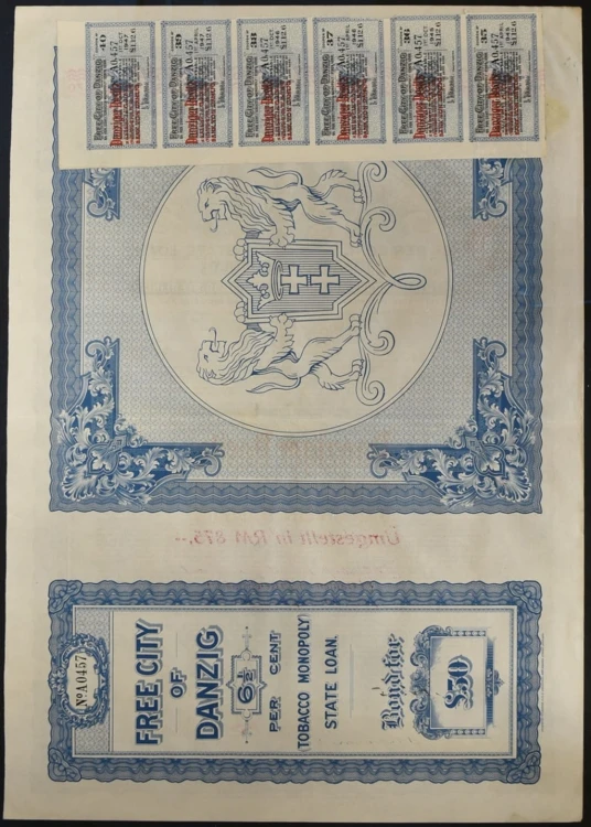 Akcja Tobacco Monopoly 50 funtów 1927 Danziger Besitz 2