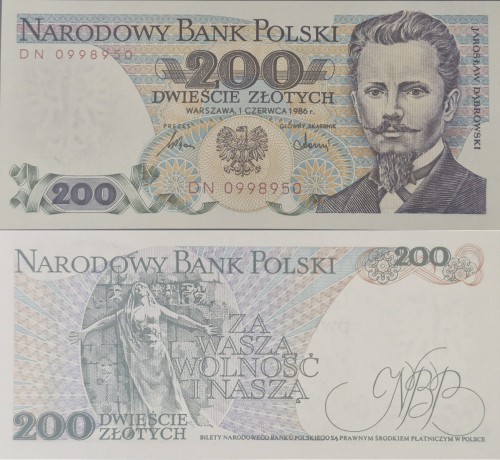 Banknot PRL 200 zł Jarosław Dąbrowski 1986