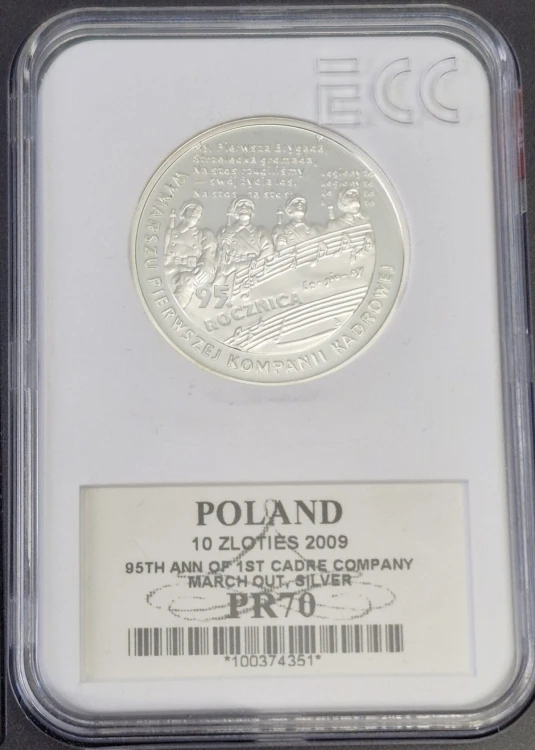 Moneta 10 złotych 2009 Wymarszu Pierwszej Kompanii Kadrowej grading PR70 awers
