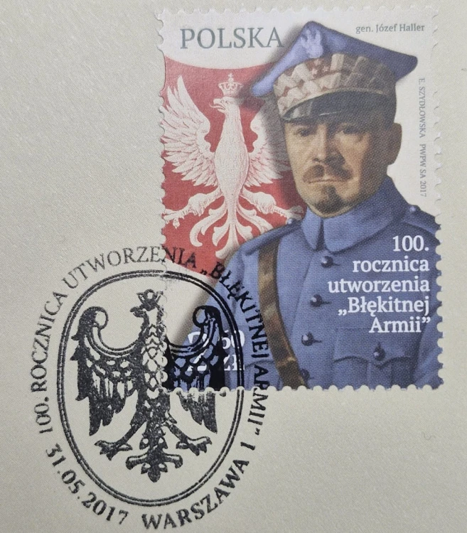 Koperta FDC 100 rocznica utworzenia Błękitnej Armii znaczek i stempel