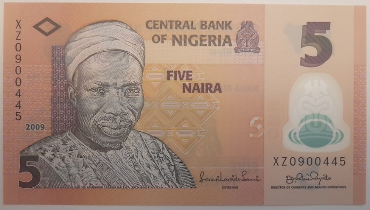Nigeria Banknot 5 Naira 2009 r. polimer awers
