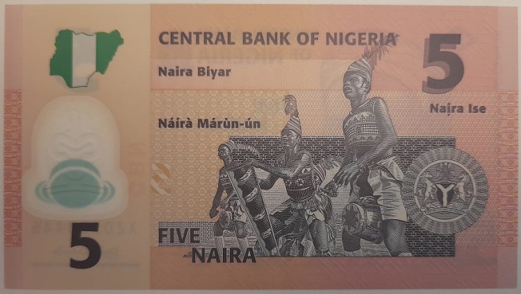 Nigeria Banknot 5 Naira 2009 r. polimer rewers