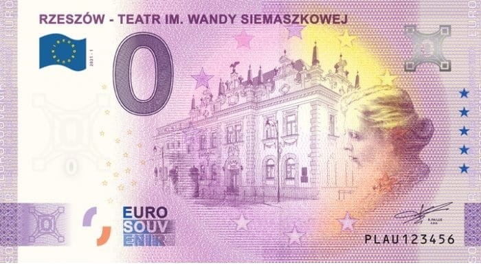Banknot 0 euro Rzeszów Teatr im. Wandy Siemaszkowej 2021 r. Anniversary rewers