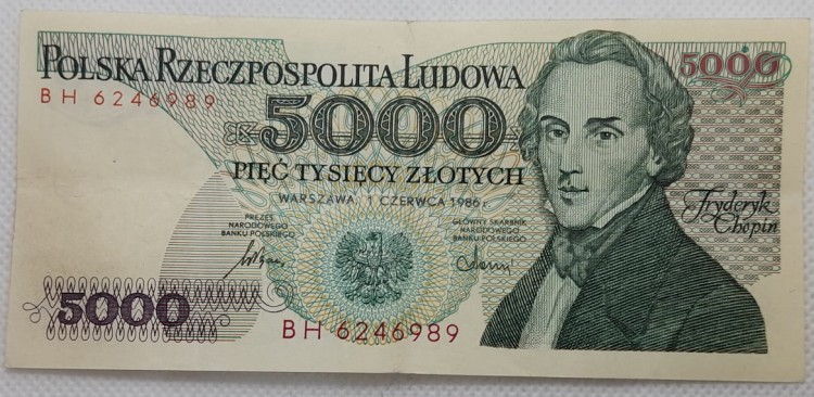 Banknot 5000 zł Fryderyk Chopin 1986 r. awers