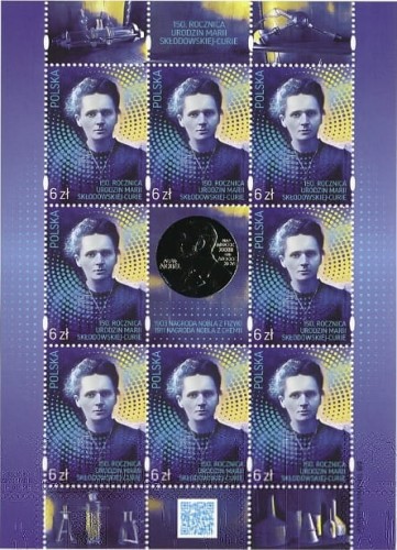Znaczki 150 rocznica urodzin Marii Skłodowskiej-Curie arkusz 2017