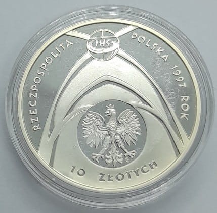 Moneta 10 zł Jan Paweł II Kongres Eucharystyczny 1997 awers
