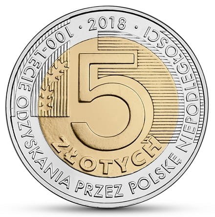 Moneta 5 zł 100 rocznica Odzyskania Niepodległości 2018 rewers