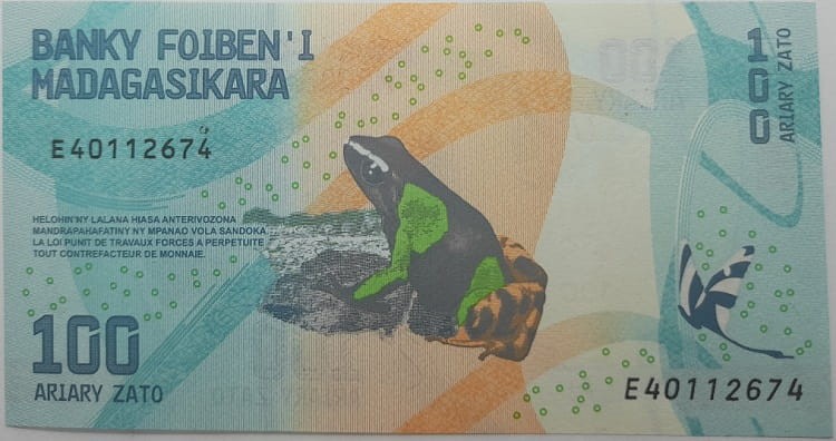 Madagaskar Banknot 100 Ariary 2017 r. rewers