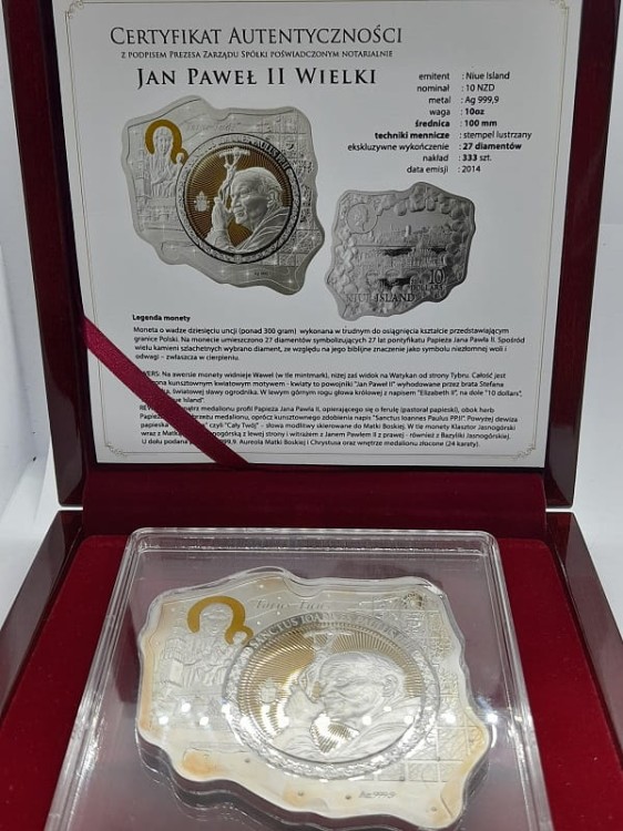 Moneta 10$ Jan Paweł Wielki 2014 r. 300gr Diamenty 1