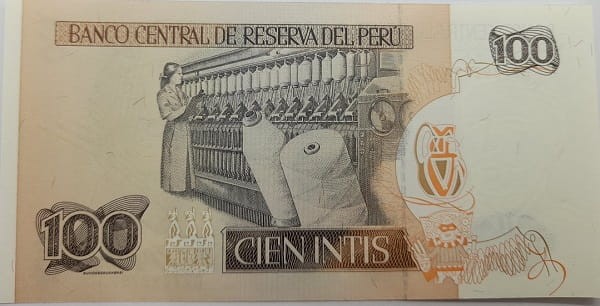 Peru Banknot 100 Intis 1987 r. UNC rewers