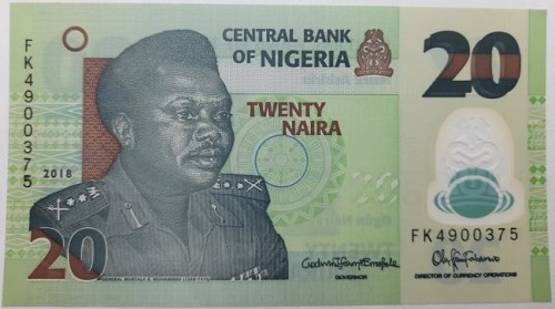Nigeria Banknot 20 Naira 2018 r. polimer UNC awers