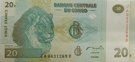 Kongo Banknot 20 Franków 2003 UNC awers