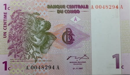 Kongo Banknot 1 Centym 1997 r. awers