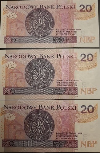 20 zł Bolesław Chrobry trzy kolejne numery 2016 r. UNC rewers