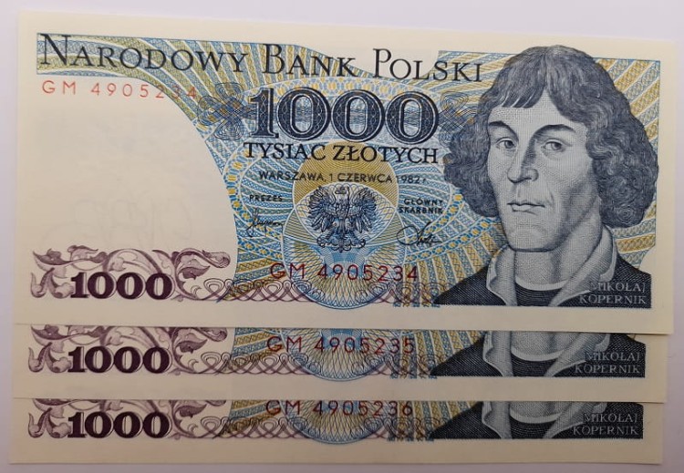 1000 zł Mikołaj Kopernik 1982 UNC 3 kolejne