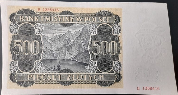 Banknot 500 zł 1940 r. rewers