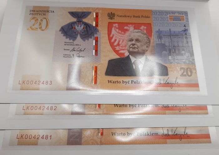Banknoty kolekcjonerskie 20 zł Lech Kaczyński 2021 3 kolejne numery