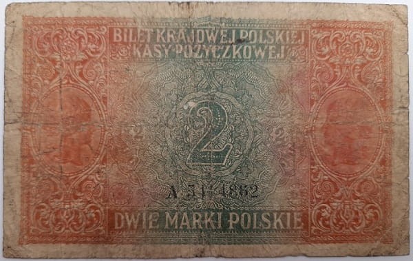 Banknot 2 marki polskie jenerał 1916 r. awers
