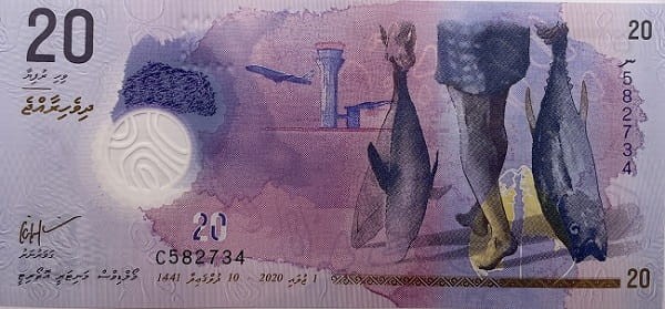 Malediwy banknot 20 rufiyaa 2020 r. awers