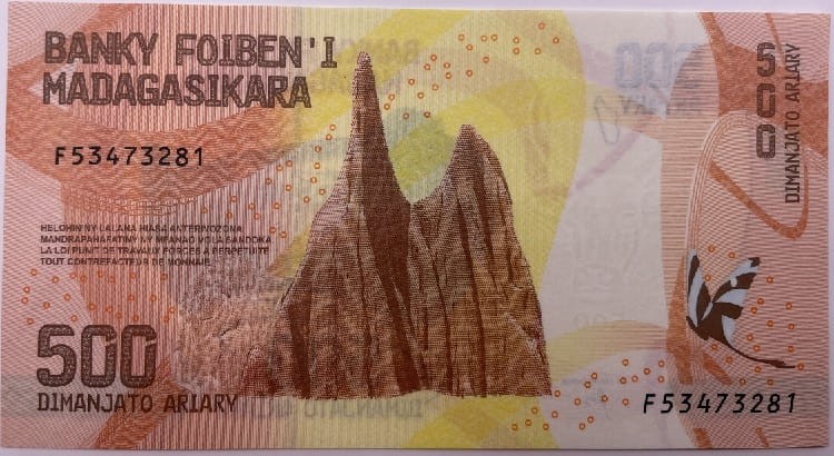 Madagaskar Banknot 500 Ariary 2017 r. rewers