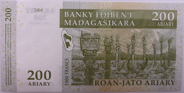 Madagaskar Banknot 200 Ariary 2004 r. rewers