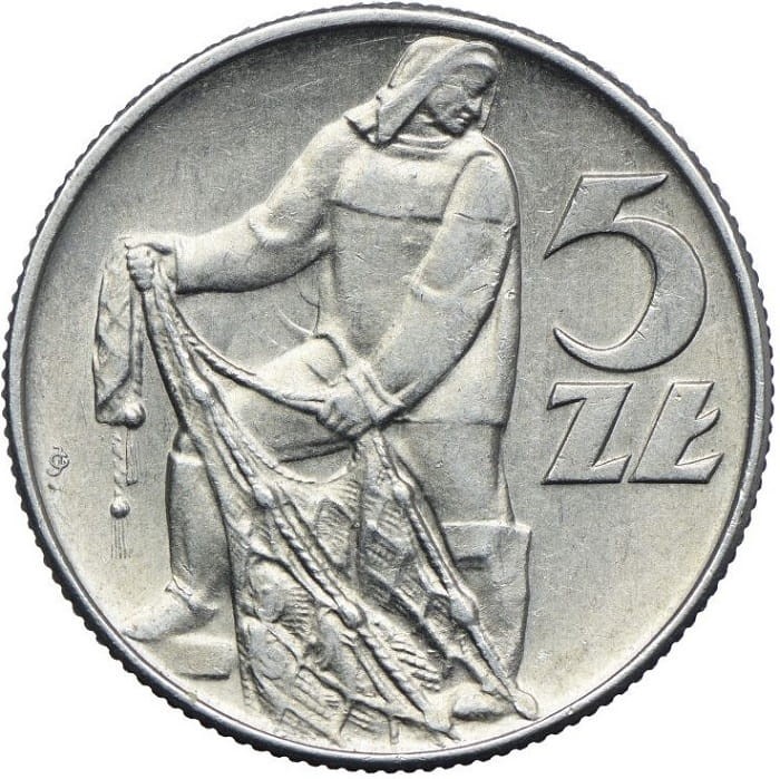 Moneta 5 złotych Rybak Słoneczko 1974 rewers