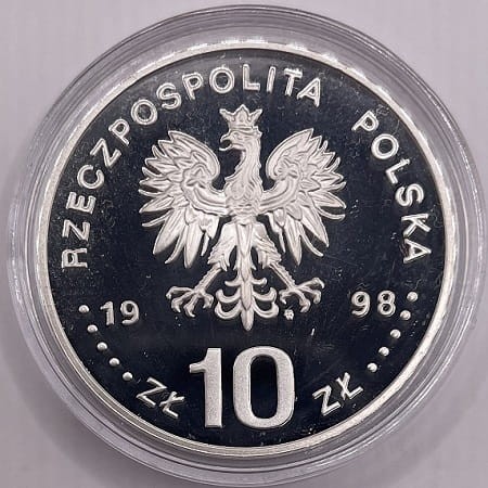 Moneta 10 zł gen. August Emil Fieldorf Nil 1998 r. awers