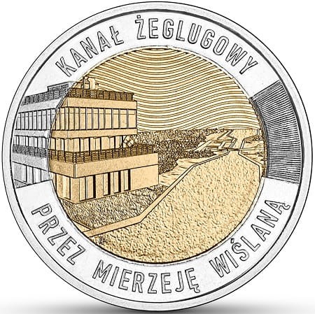 Moneta 5 zł kanał żeglugowy przez mierzeję wiślaną 2023 rewers
