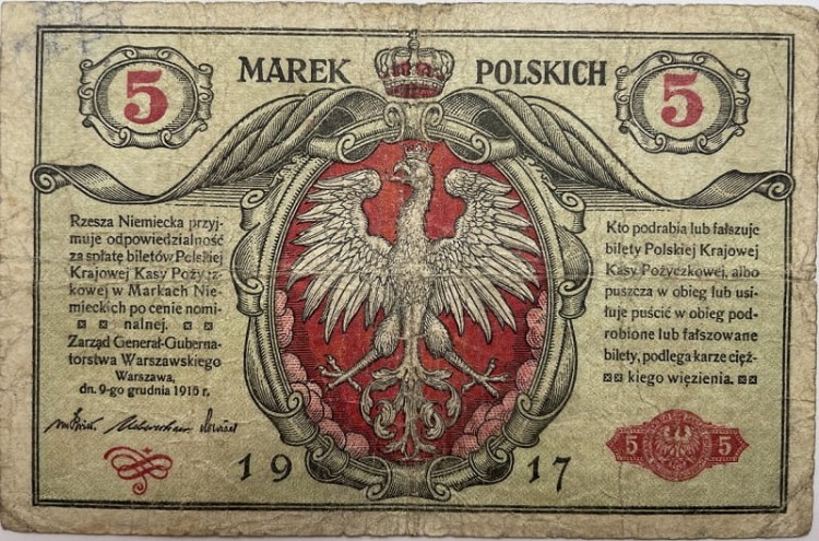 Banknot 5 marek polskich 1917 r. awers