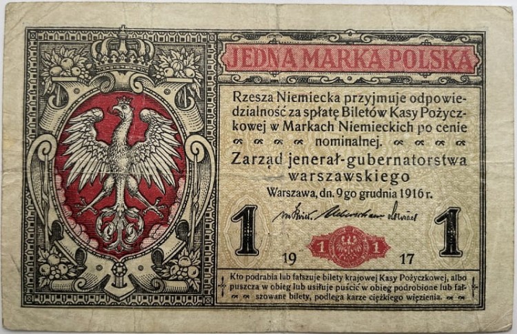 Banknot 1 marka polska 1917 r. awers