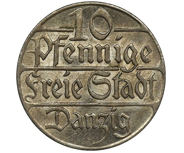 Moneta 10 fenigów Wolne Miasto Gdańsk 1923 r. rewers