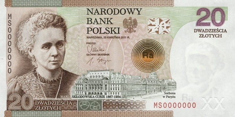 Banknot 20 zł 100. rocznica Nagrody Nobla Marii Skłodowskiej-Curie 2011 r. rewers