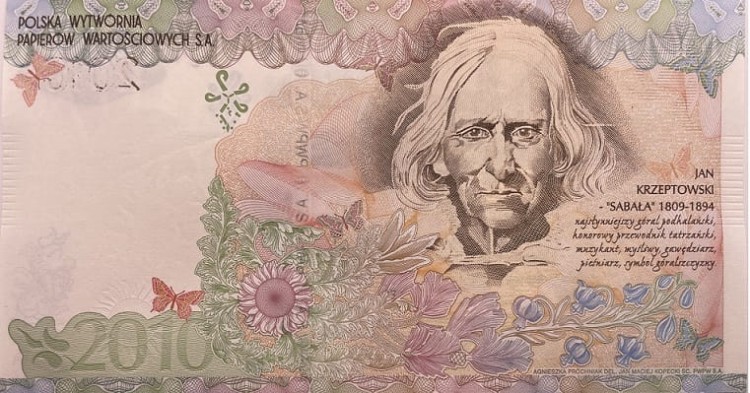 Jan Krzepkowski "Sabała" PWPW 2010 r. banknot testowy awers