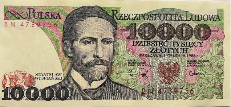 Banknot PRL 10000 zł Wyspiański 1988 stan 2 awers
