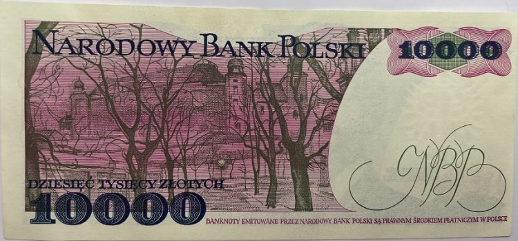 Banknot PRL 10000 zł Wyspiański 1988 stan 2 rewers