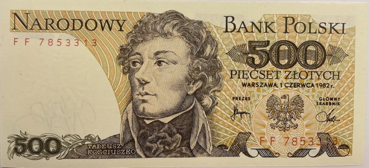 Banknot PRL 500 zł Tadeusz Kościuszko 1982 awers