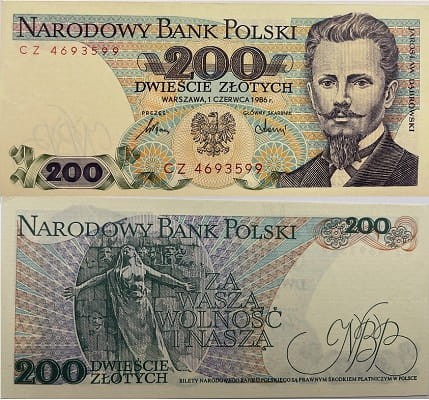 Banknot 200 zł Jarosław Dąbrowski 1986 r. awers i rewers