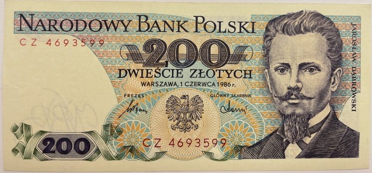 Banknot 200 zł Jarosław Dąbrowski 1986 r. awers