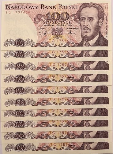 Banknoty 100 zł Ludwik Waryński TG UNC 1988 r. 10 kolejnych