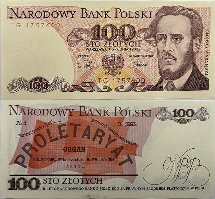 Banknot 100 zł Ludwik Waryński UNC 1988 r