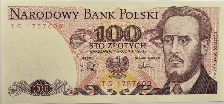 Banknot 100 zł Ludwik Waryński UNC 1988 r. awers