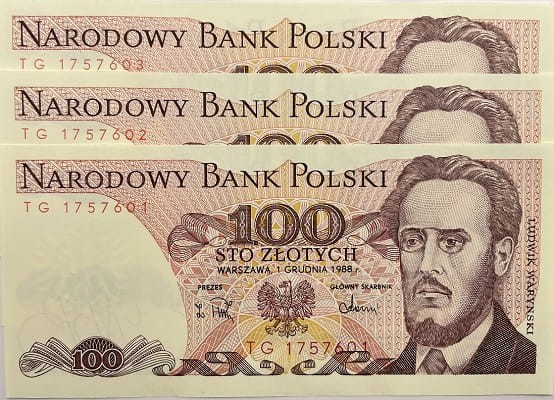 Banknoty 100 zł Ludwik Waryński UNC 1988 r. 3 kolejne