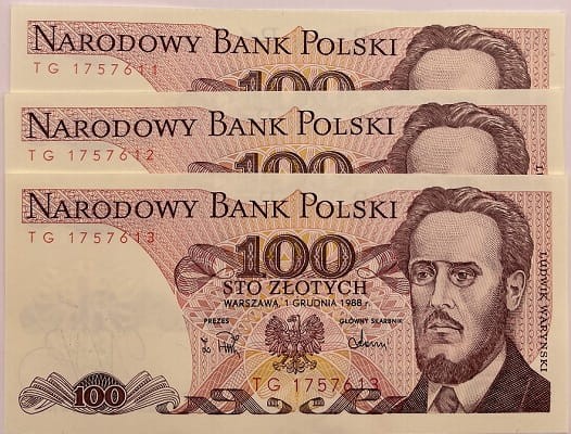 Banknoty 100 zł Ludwik Waryński TG UNC 1988 r. 3 kolejne nr2