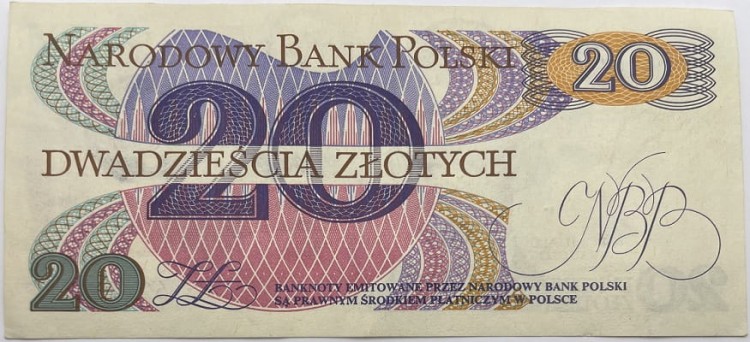 Banknot PRL 20 zł 1982 Traugutt rewers