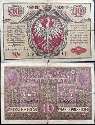 Banknot 10 marek polskich 1917 r. awers rewers