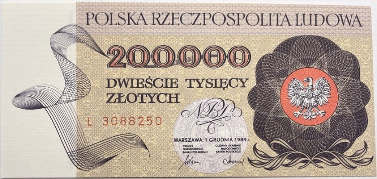 Banknot PRL 200000 zł 1989 awers