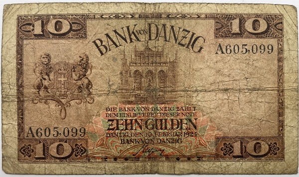 Banknot 10 guldenów 1924 r. Wolne Miasto Gdańsk seria A rewers